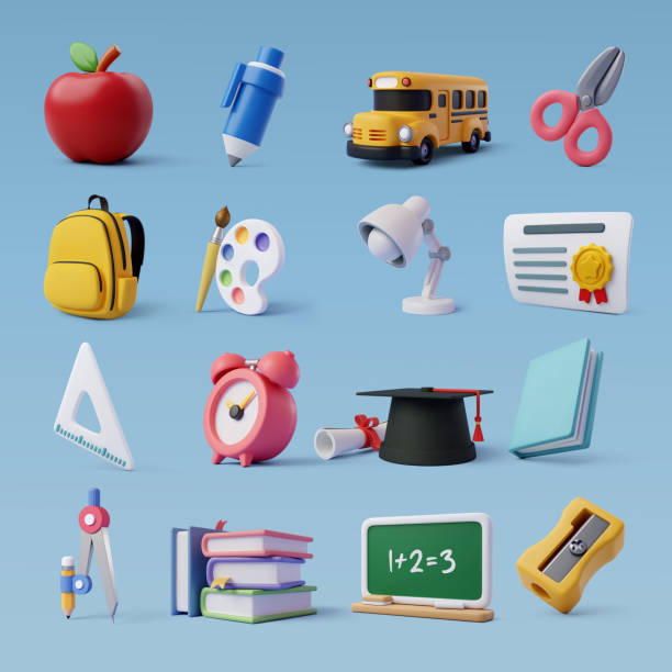 набор образовательных 3d иконок, концепция «снова в школу». - back to school blackboard education apple stock illustrations