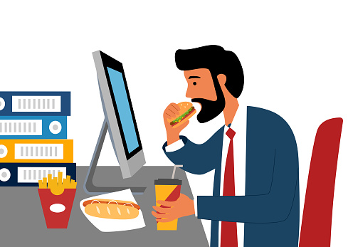 Computer Hungery Businessman Eating While Working In Front Of Computer Hungry Man ...