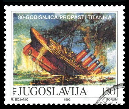 Yugoslavia postage stamp showing an image of RMS Titanic, built in Belfast , Ireland and sunk on its maiden voyage in 1912,from Southampton, England to New York, USA