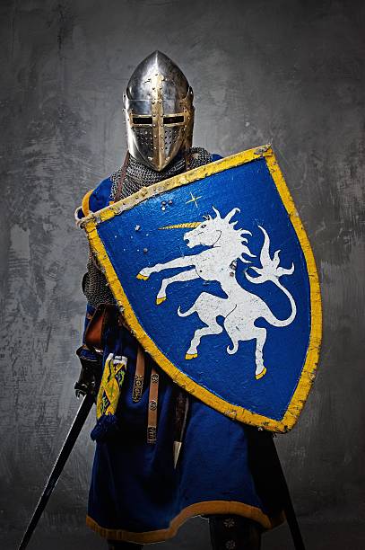 Medieval knight on grey background. stock photo
