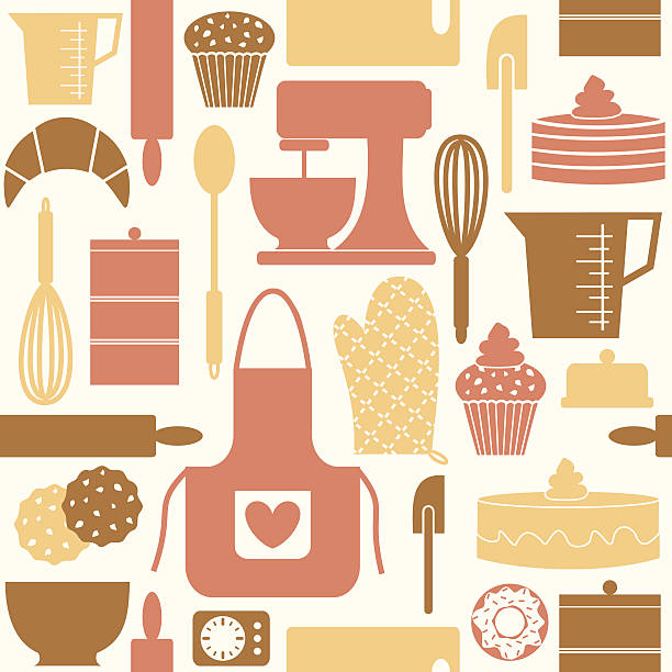 Vector seamless pattern retro kitchen gadgets Seamless pattern in retro style with baking and kitchen items. dry measure stock illustrations