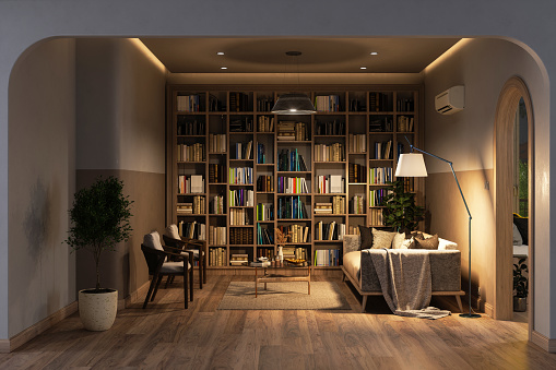 Modern Living Room Interior At Night With Bookshelf, Sofa, Armchairs, Potted Plant And Air Conditioner
