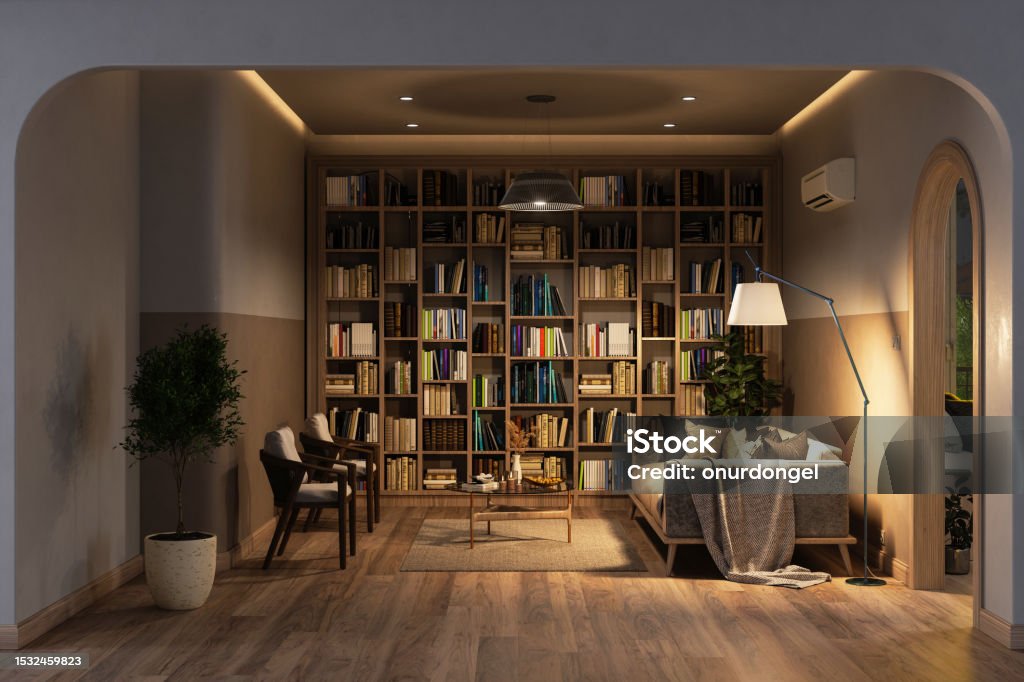 Modern Living Room Interior At Night With Bookshelf, Sofa, Armchairs, Potted Plant And Air Conditioner Bookshelf Stock Photo