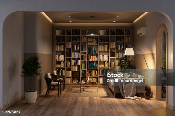 Modern Living Room Interior At Night With Bookshelf Sofa Armchairs Potted Plant And Air Conditioner Stock Photo - Download Image Now