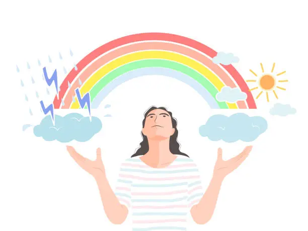 Vector illustration of A woman look at above with the rainbow between storm cloud and shiny cloud, mental health concept. flat vector illustration.