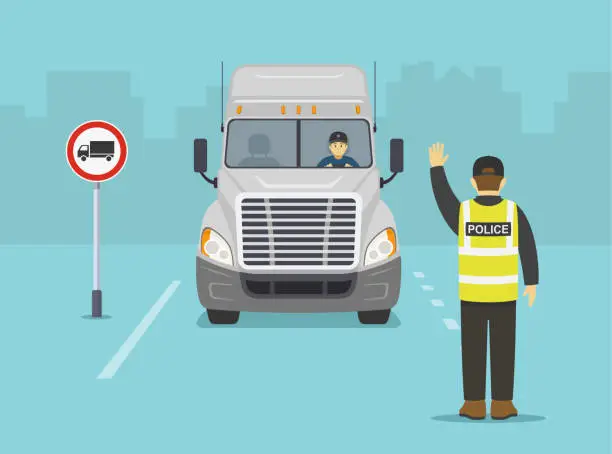 Vector illustration of Isolated traffic police officer makes a stop gesture with his hand and pulls over a white truck. No heavy goods vehicle sign area.