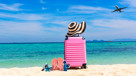 Pink of the luggage with plam trees  on the beach- summer travel concept