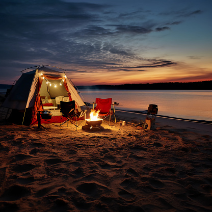Camping by the sea at dusk, bonfire, beach, sunset, photography, background,dusk, evening, sea, beach, seaside, lake, river, sunset, clouds, photography, background, landscape,
camping, tent, chair, campfire, dinner, gear, outdoor, sport, field, adventure, leisure, vacation, travel, thinking, quiet, lonely, alone, romantic, atmosphere,