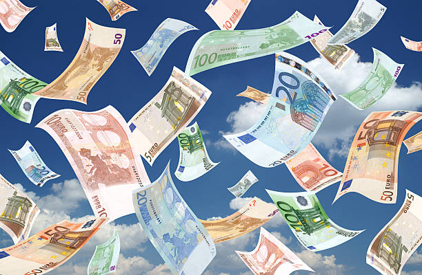 Falling euros (sky background) Falling euro's banknotes on sky background money rain stock pictures, royalty-free photos & images
