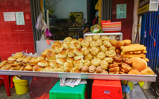 Dalat, Vietnam - Nov 11, 2016. Pastries for sale at street market in Dalat, Lam Dong, Vietnam. Da Lat is a popular tourist destination in southern Vietnam.