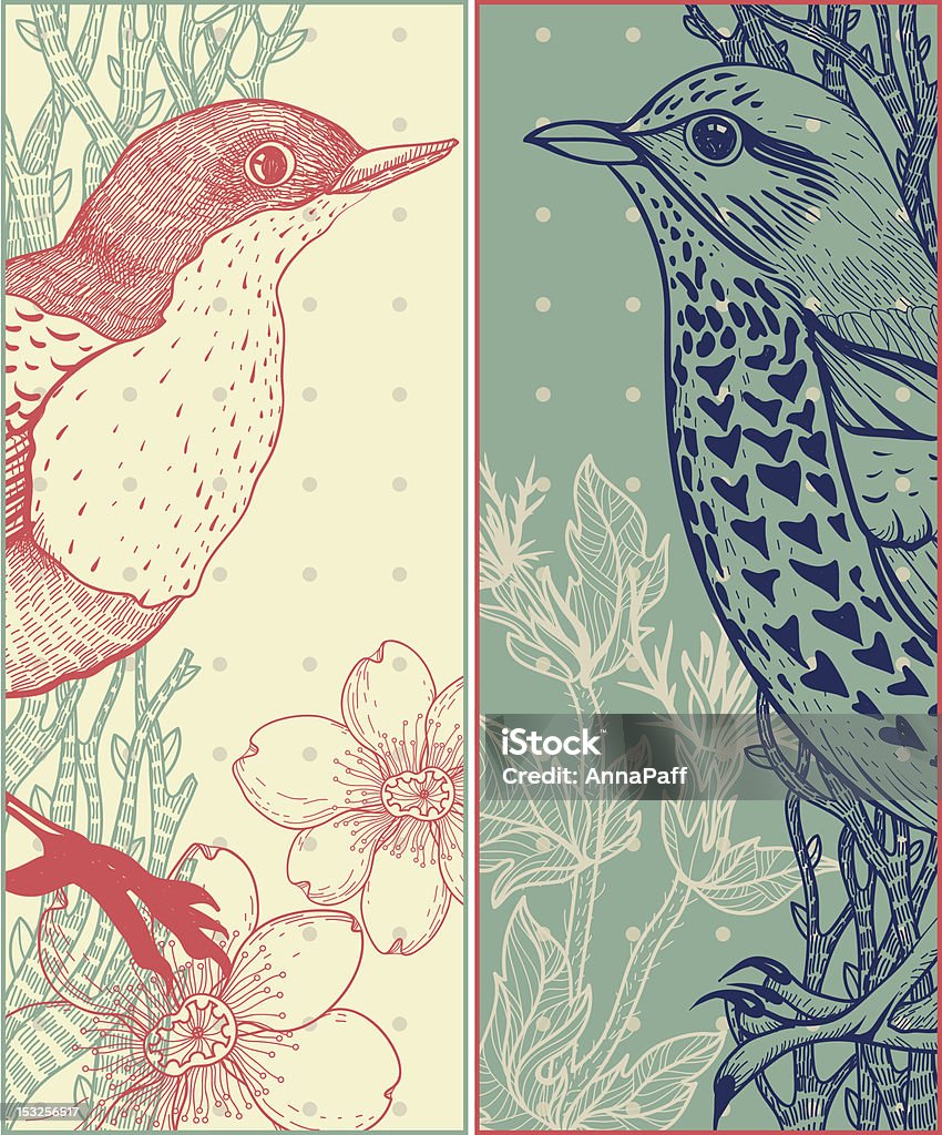 two vector cards with birds two vector cards with hand drawn birds, fantasy flowers and plants Art stock vector