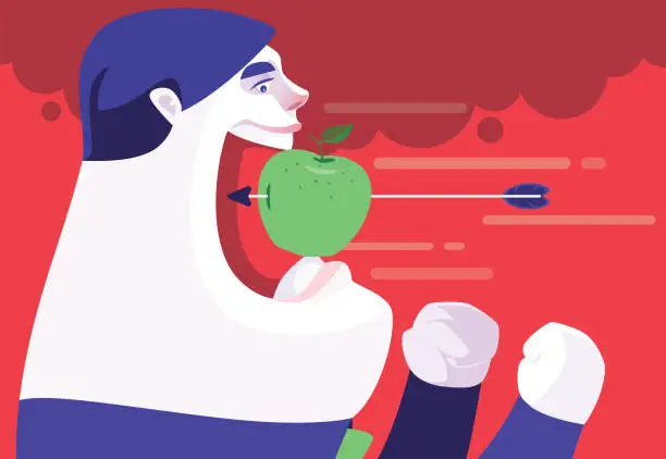 Vector illustration of businessman biting apple with arrow hitting