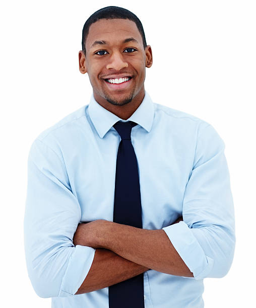istock Smiling businessman with arms folded on white background 153261098