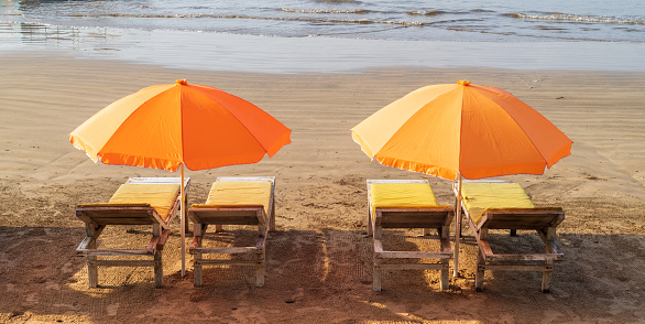 Empty sunbeds with umbrellas on the sandy beach of the tropical island of Sri Lanka. Beautiful sunny day.