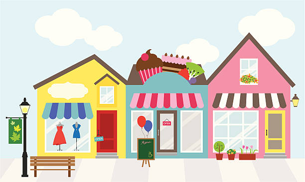 Cartoon graphic of three adjacent shops vector art illustration