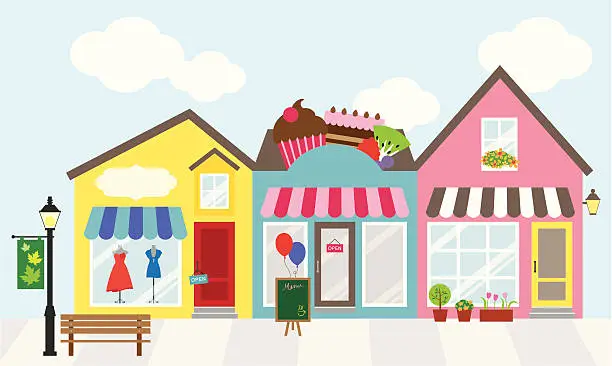 Vector illustration of Cartoon graphic of three adjacent shops