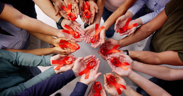 HIV AIDS Patient Treatment Charity Support HIV AIDS Patient Treatment Charity Support And Red Awareness Ribbon aids stock pictures, royalty-free photos & images