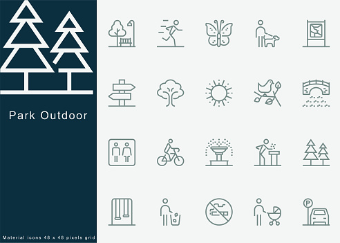 Park Outdoor, Urban Park, National parks, Botanical garden, carousel, excursion, pond, fountain, Playground, Jungle gym. Children's amusement park, a place for children.For Mobile and Web.Line Icons