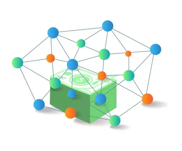 Vector illustration of Network over pile of banknotes