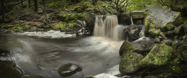 Padley Gorge in the Peak District National Park..A panoramic image of the main waterfall in the gorge.