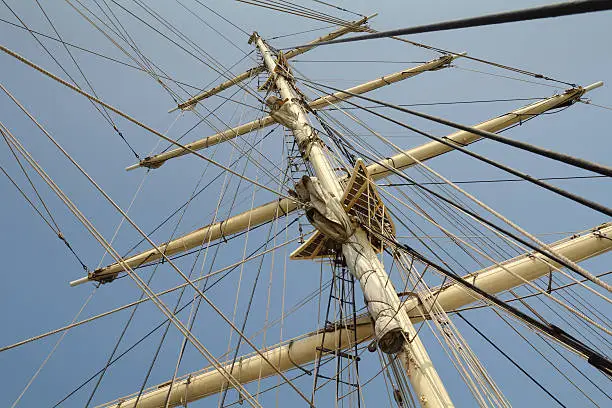Looking up at a tall ship mast and it's rigging.