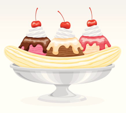 A traditional banana split style sundae: Split banana surrounding one scoop each of chocolate, strawberry and vanilla ice cream. Topped with sweet sauces, whipped cream and cherries. File contains only one gradient, the background shape, which is on its own layer. The rest of the shapes do not use gradients.