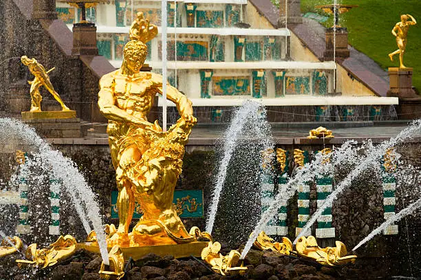 Famous Samson and the Lion fountain in Peterhof Grand Cascade, St. Petersburg, Russia.
