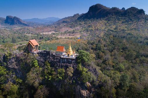 Aerial view of Wat Tha Khanun Temple on a hilltop outside Kanchanaburi, Thailand