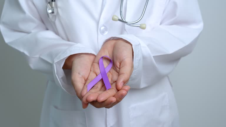 purple Ribbon for Violence, Pancreatic, Esophageal, Testicular cancer, Alzheimer, epilepsy, lupus, Sarcoidosis and Fibromyalgia. Awareness month and World cancer day concept