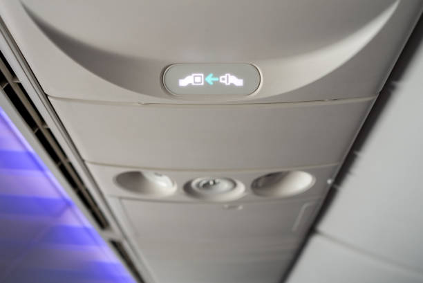 istock Seat-belt light sign on airplane. 1532704715