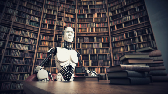 Different epoch. Futuristic cyborg sitting in classic library behind the table