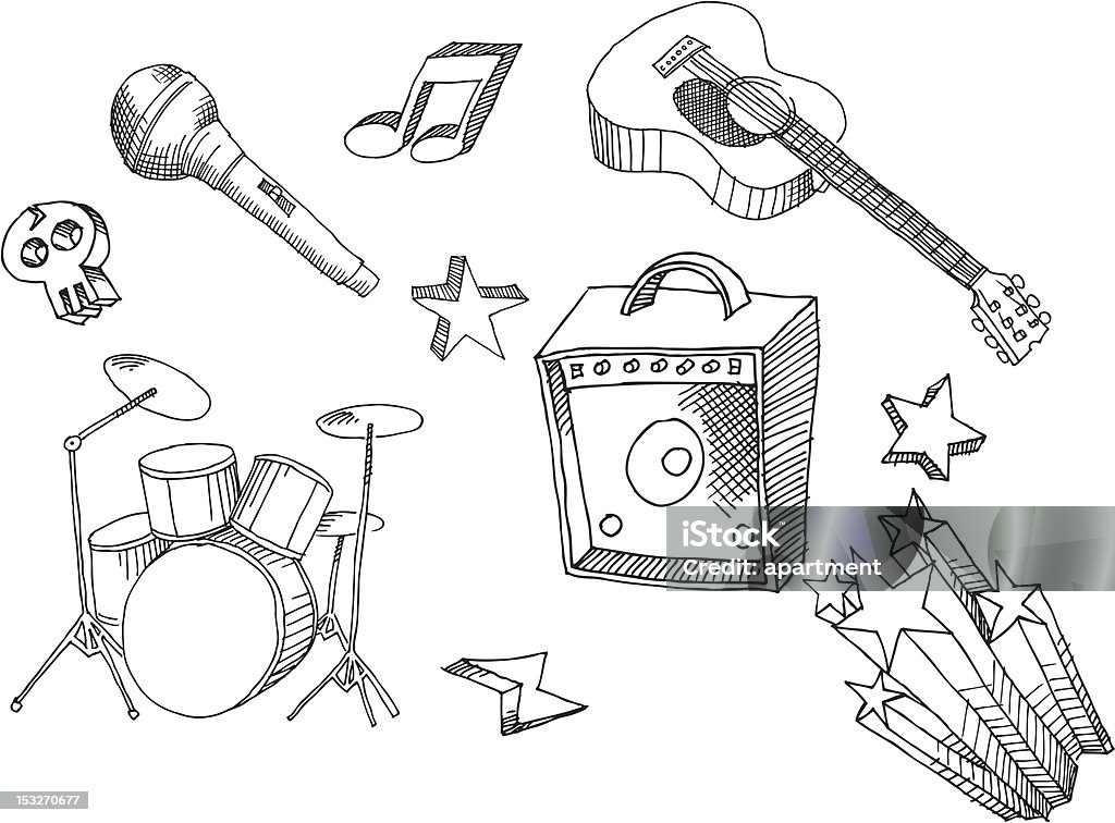 Hand Drawn Music Rock Musical stuff in a hand drawn style, with other elements such as skulls, musical notes, lightning bolts and stars. Drawing - Activity stock vector