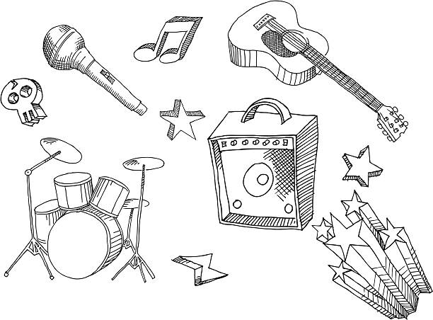Hand Drawn Music Rock Musical stuff in a hand drawn style, with other elements such as skulls, musical notes, lightning bolts and stars. microphone drawings stock illustrations