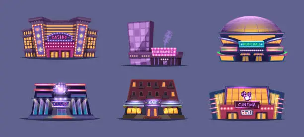 Vector illustration of Entertainment buildings. Theatre casino restaurant pub in night city exact vector modern architectural objects in cartoon style