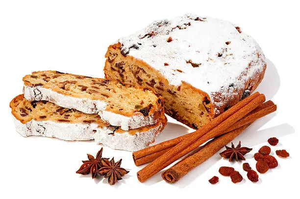 Traditional Christmas Stollen on white background