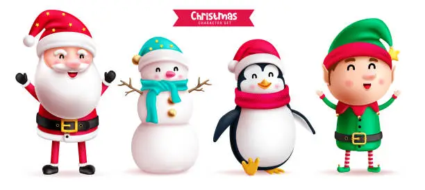 Vector illustration of Christmas characters vector set design. Christmas santa claus, snowman, penguin and elf cartoon