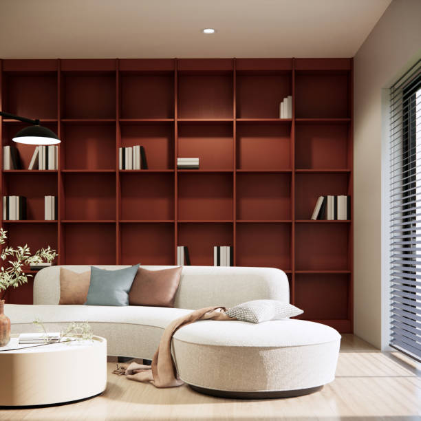 istock 3d rendering minimal living room interior design and decoration with white sofa brown book shelf. 1532744293
