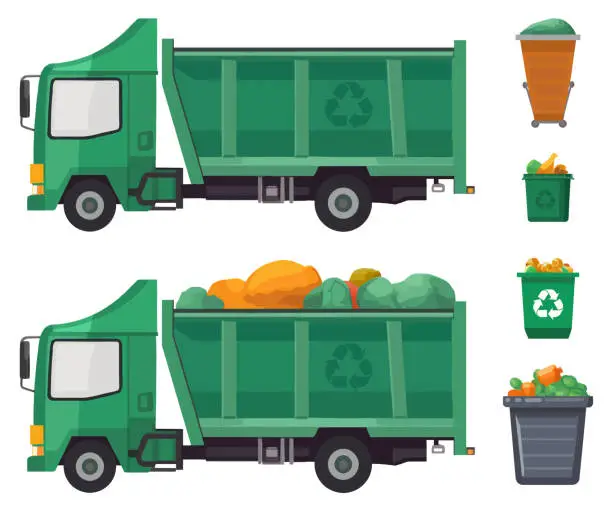 Vector illustration of Green Garbage truck and various types of trash bin isolated on white background. garbage truck and dustbin with rubbish.