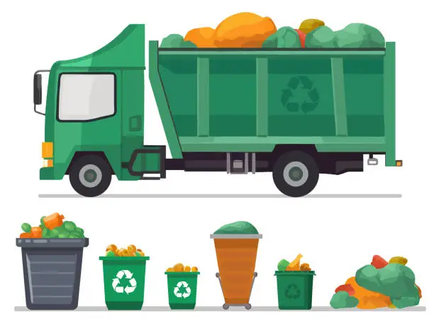 Vector illustration of Green Garbage truck and various types of trash bin isolated on white background. garbage truck and dustbin with rubbish.