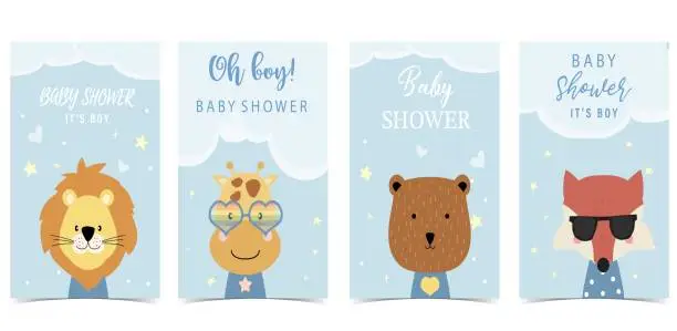 Vector illustration of Baby shower blue invitation card for boy with animal