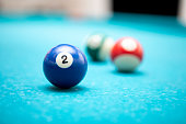 Pool balls on a turquoise coloured pool table