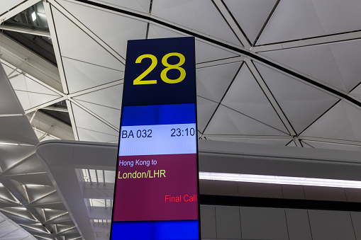 Hong Kong - June 27, 2023 : Departure gate for flight operated by British Airways to London Heathrow Airport at Hong Kong International Airport.