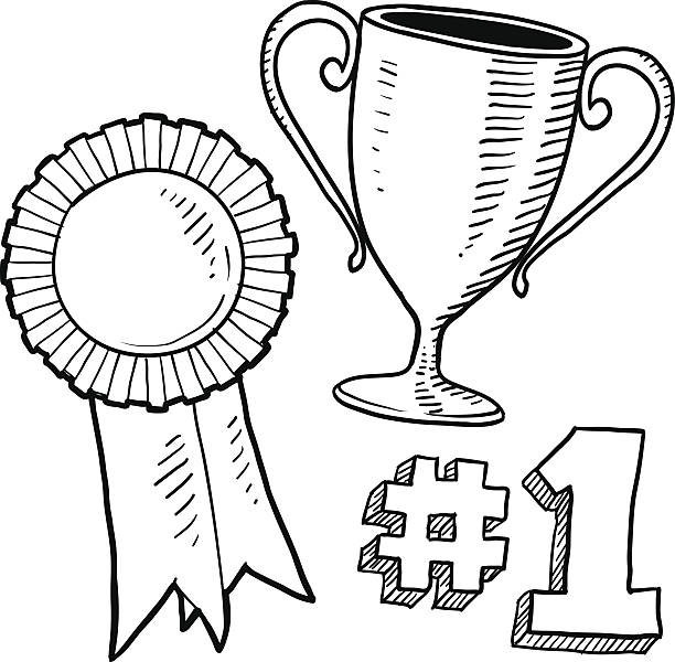 Award objects sketch Doodle style awards sketch in vector format. Set includes trophy, ribbon, and 1st place graphic. EPS10 file format with no transparency effects. medallist stock illustrations