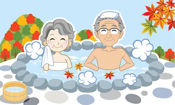 Vector illustration of Japanese hot spring in Autumn, Senior couple