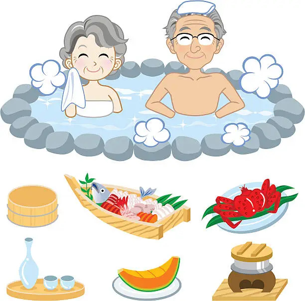 Vector illustration of Japanese hot spring,Senior couple