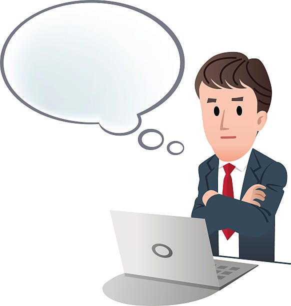 Businessman crossing arms, contemplating something with speech bubble vector art illustration