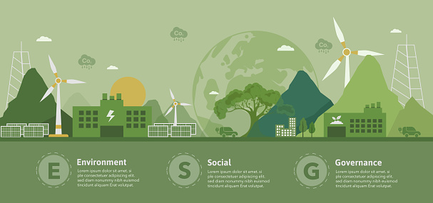 Sustainable vector illustration.ESG green energy. Sustainable industry with wind turbines and solar panels environmental, social and governance concepts