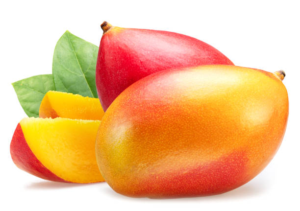 istock Mango fruits with green leaf and mango slices isolated on white background. 1532814313