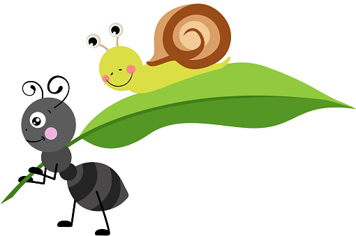Scalable vectorial representing a cute ant carrying a green leaf with little snail, element for design, illustration isolated on white background.