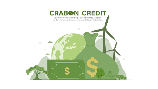 vector illustration concept of carbon credit with green icons Certification to drive industries and companies towards low emissions and carbon offsets.